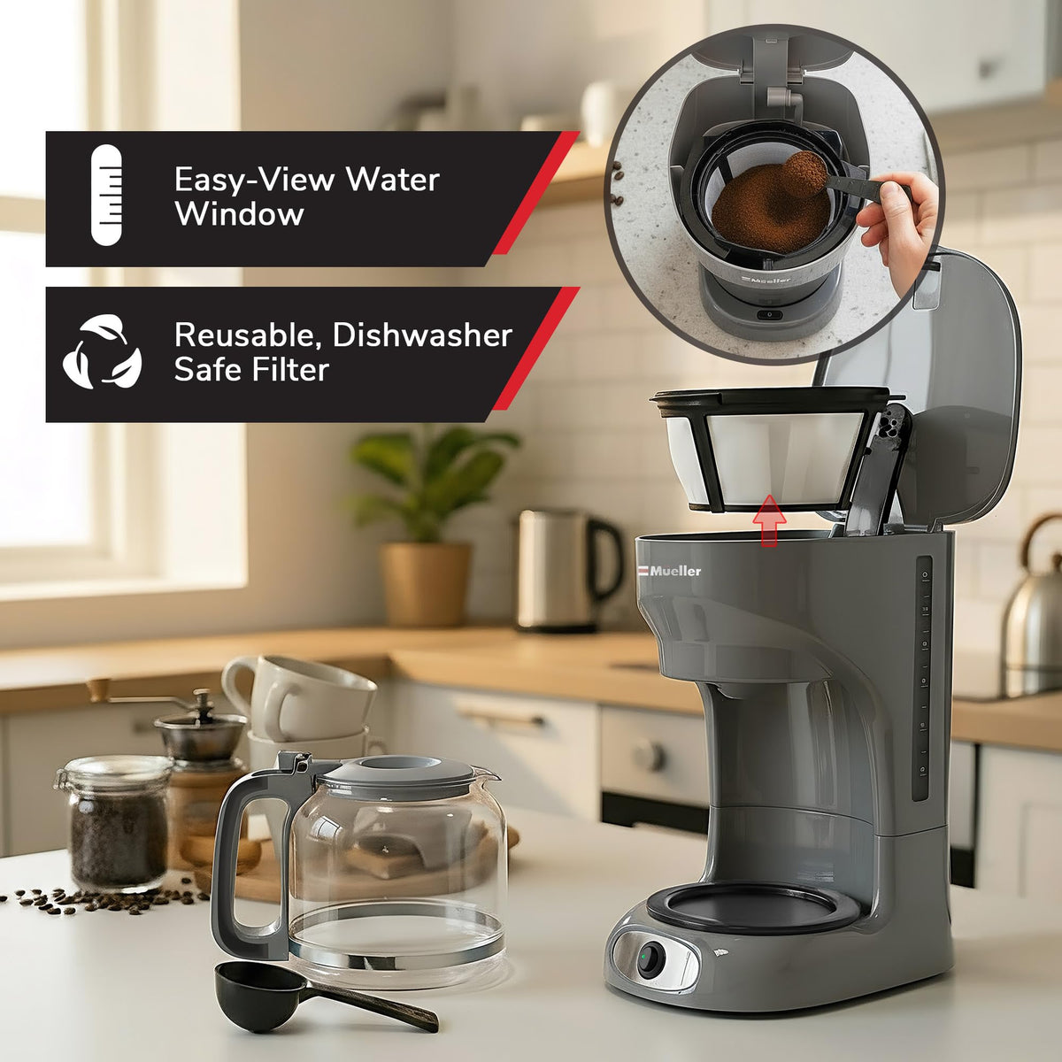 MUELLER HOME anti-drip spout helps keep counters clean during pouring
