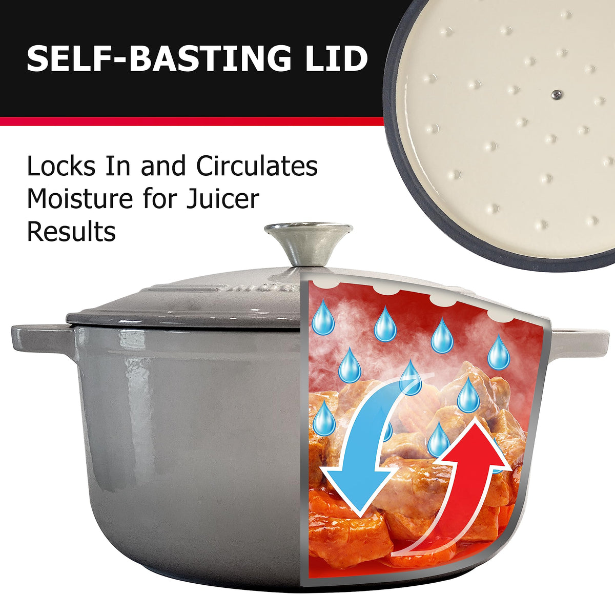 Mueller Home DuraCast 6qt Dutch Oven interior enamel, smooth surface for easy cleanup.