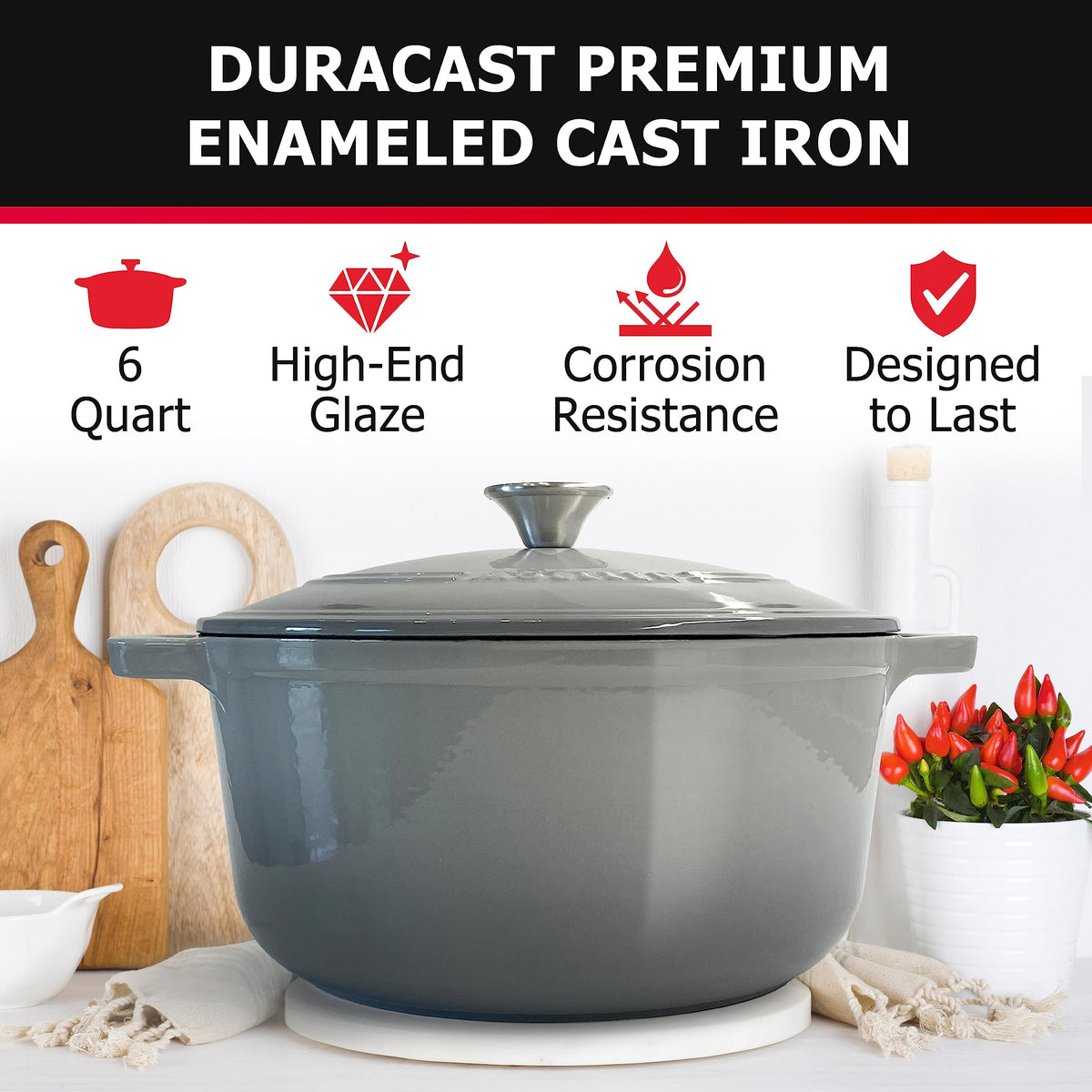 Mueller Home DuraCast 6qt Dutch Oven lid with stainless knob for secure handling.