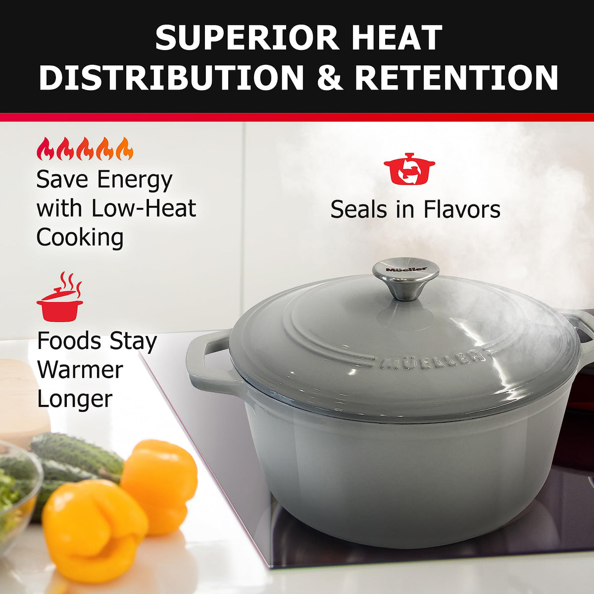 Mueller Home DuraCast 6qt Dutch Oven on stove top, versatile for sautéing and braising.