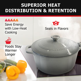 Mueller Home DuraCast 6qt Dutch Oven on stove top, versatile for sautéing and braising.