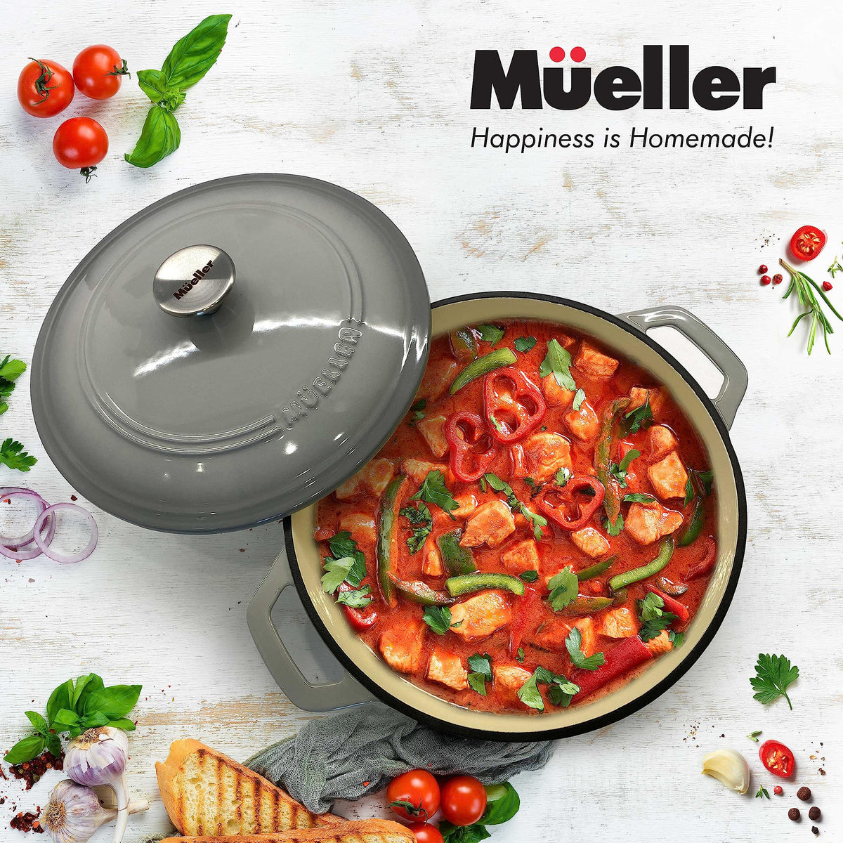 Mueller Home DuraCast 6qt Dutch Oven fits oven up to 500°F for versatility.