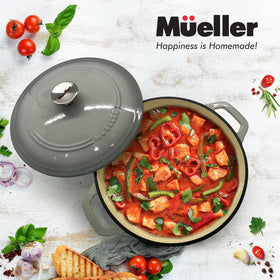Mueller Home DuraCast 6qt Dutch Oven fits oven up to 500°F for versatility.