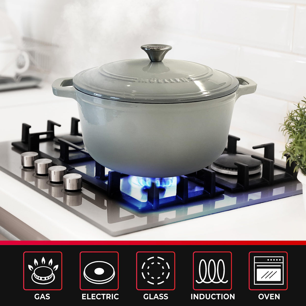 Mueller Home DuraCast 6qt Dutch Oven side handles, comfortable grip for lifting.
