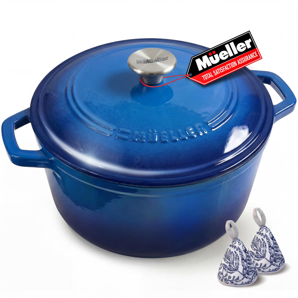 Mueller Home DuraCast 6qt Dutch oven with aqua blue lid delivers even heat