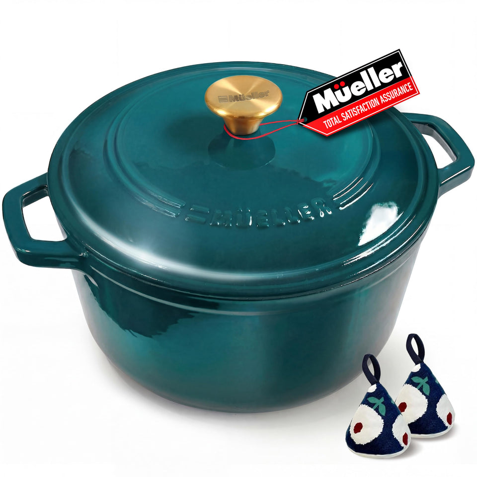 Mueller Home Duracast 6-qt Dutch oven emerald exterior for even heat distribution.