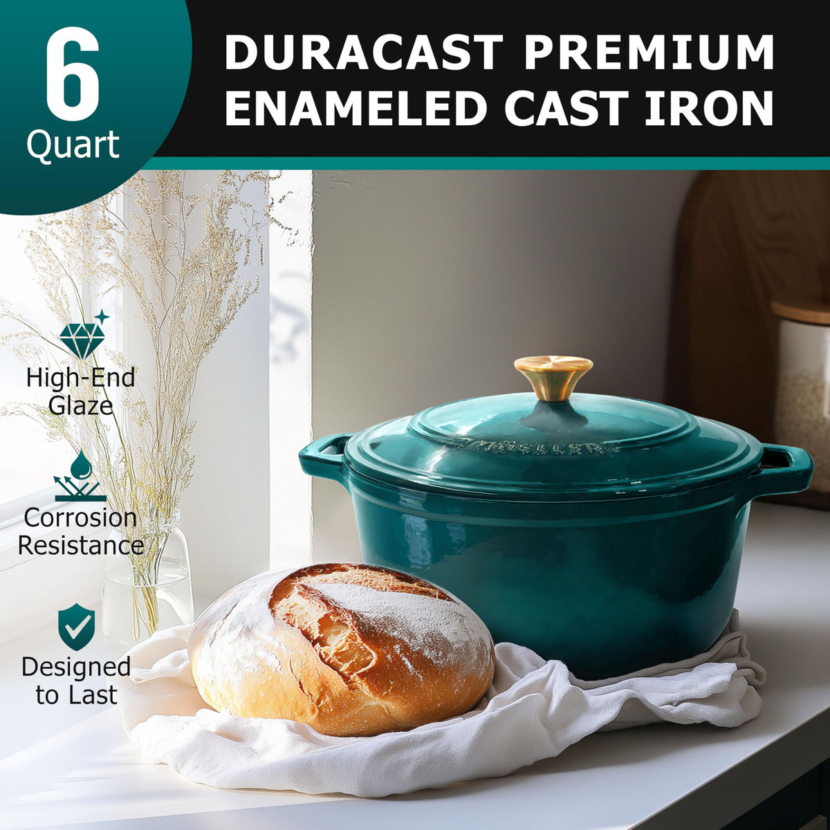 Mueller Home Duracast lid with self-basting nodes for moisture recirculation.