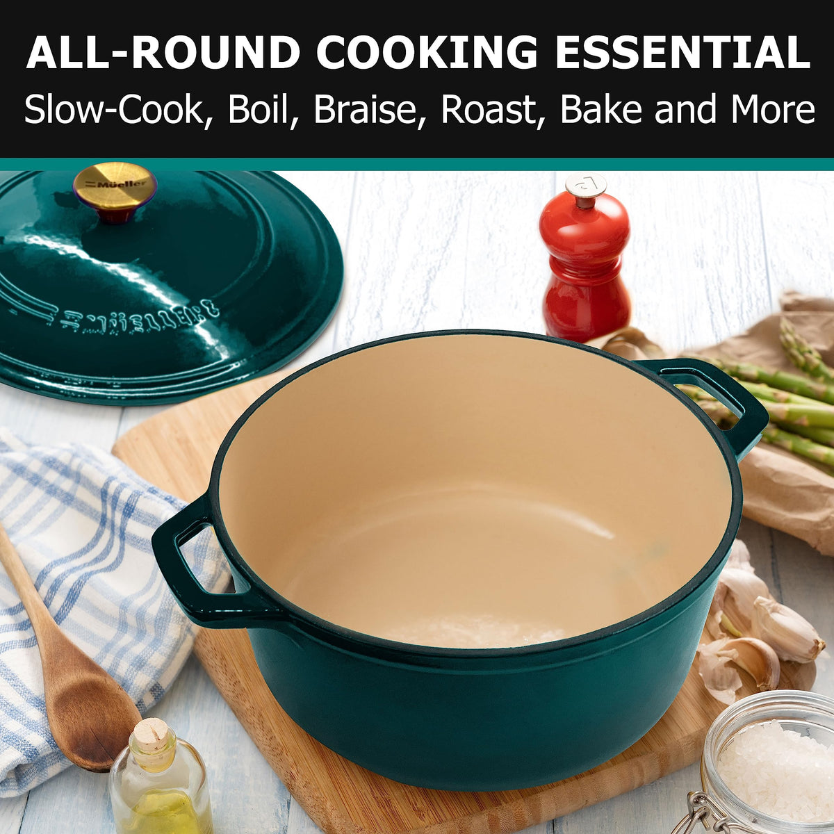 Mueller Home Duracast lid creates a moisture chamber to baste during cooking.