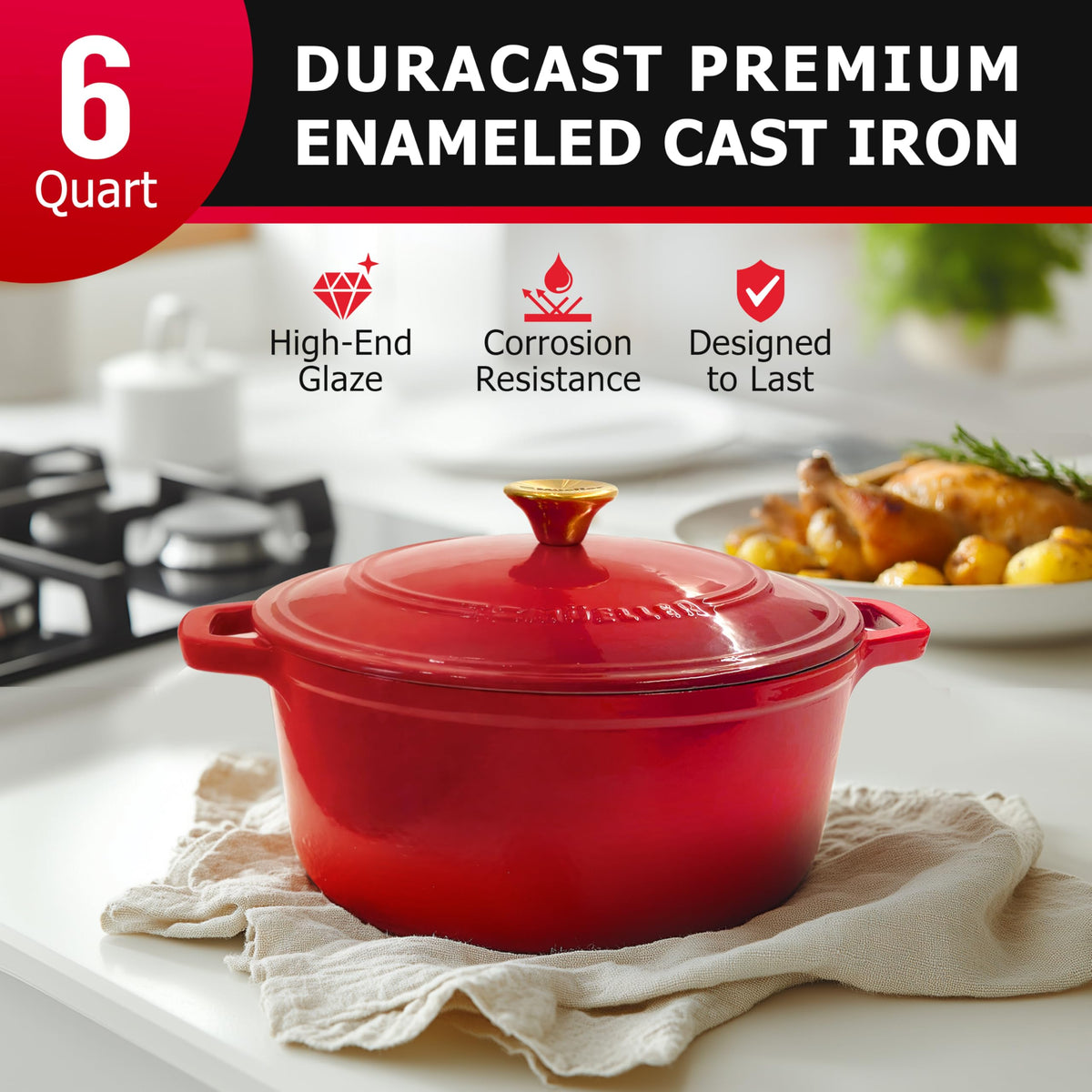Mueller Home Dutch oven side view highlights sturdy handles for easy lifting