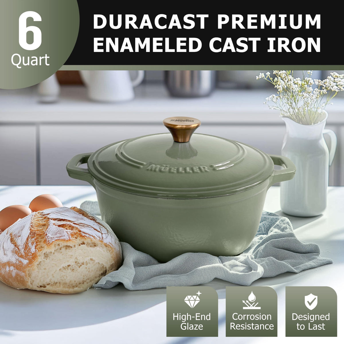 MUELLER HOME dutch-oven-lid-stainless-knob enables secure grip and moisture sealing.