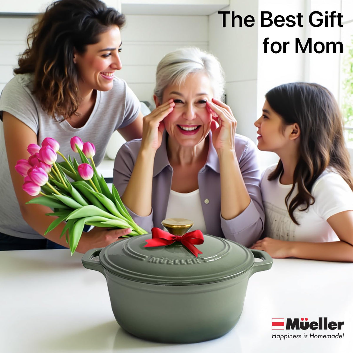 The thyme green MUELLER HOME Dutch oven adds color to table presentation.