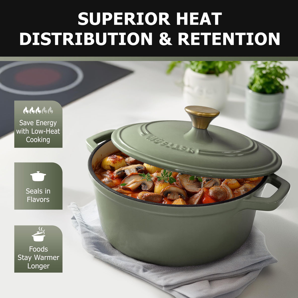 Wide handles on MUELLER HOME Dutch oven for safe transport from stove to table.