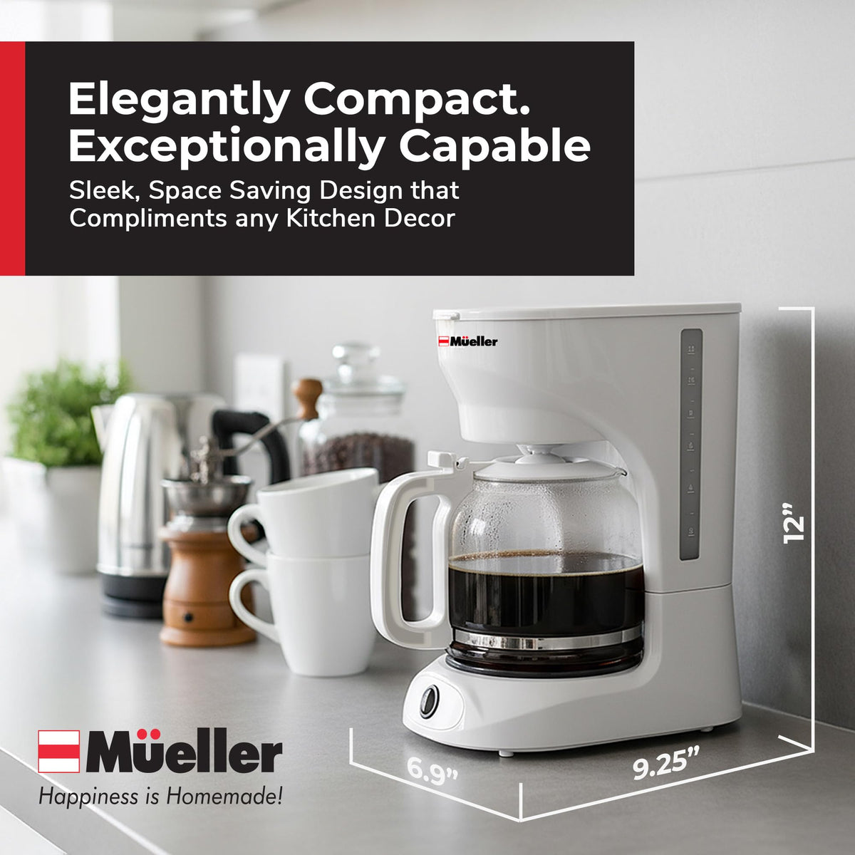 MUELLER HOME 12-cup white design complements modern kitchens beautifully.