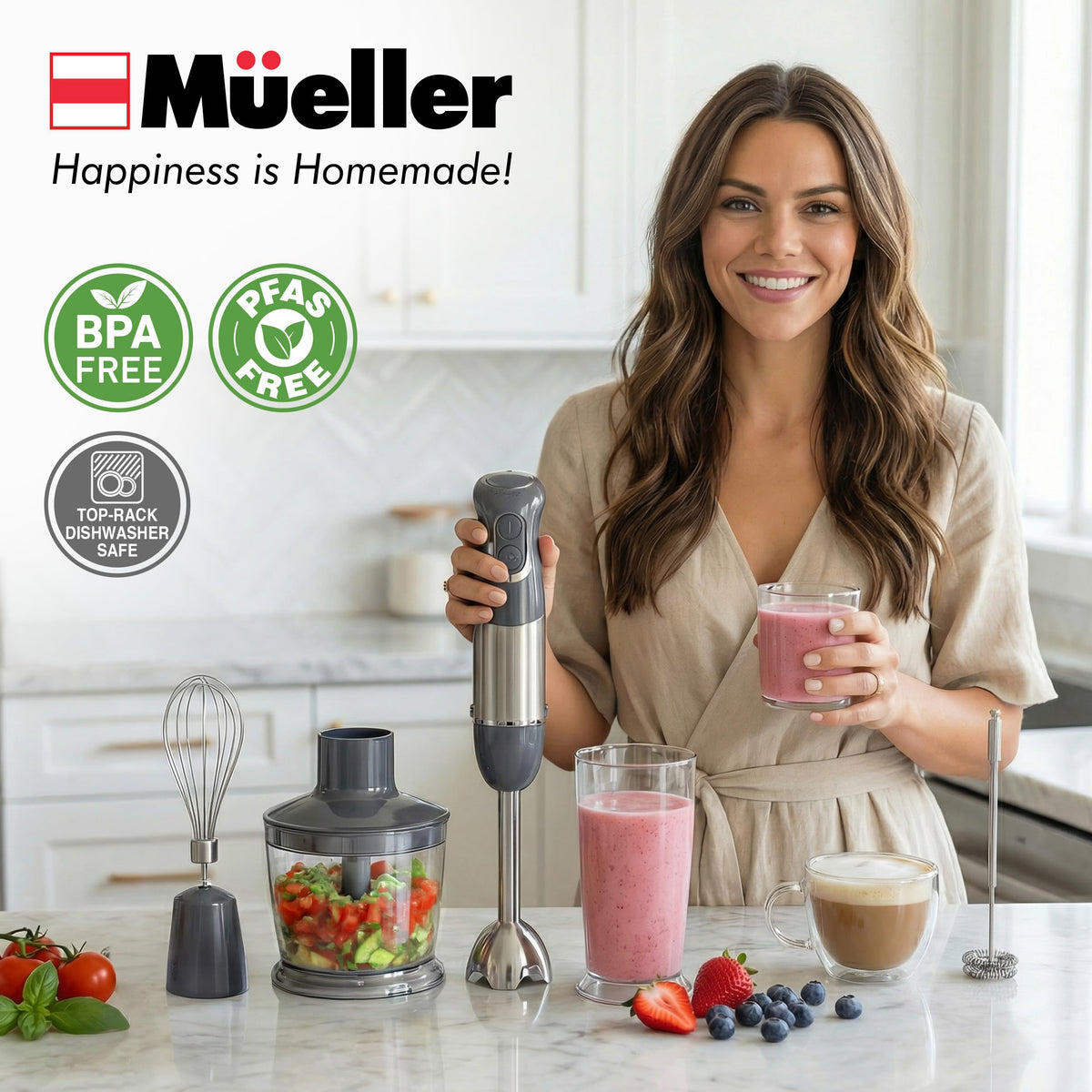 Mueller Home ergonomic, non-slip handle offers comfortable control during blending.