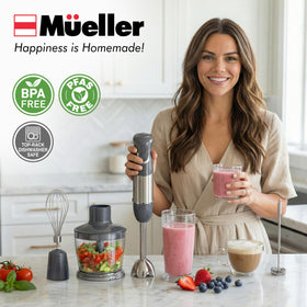 Mueller Home ergonomic, non-slip handle offers comfortable control during blending.