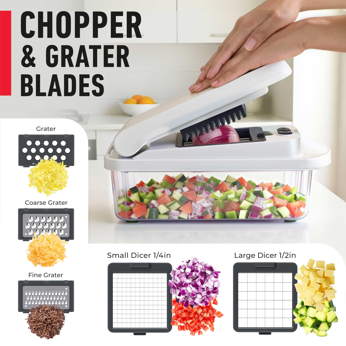 Mueller Home Food Holder stabilizes small vegetables during slicing.