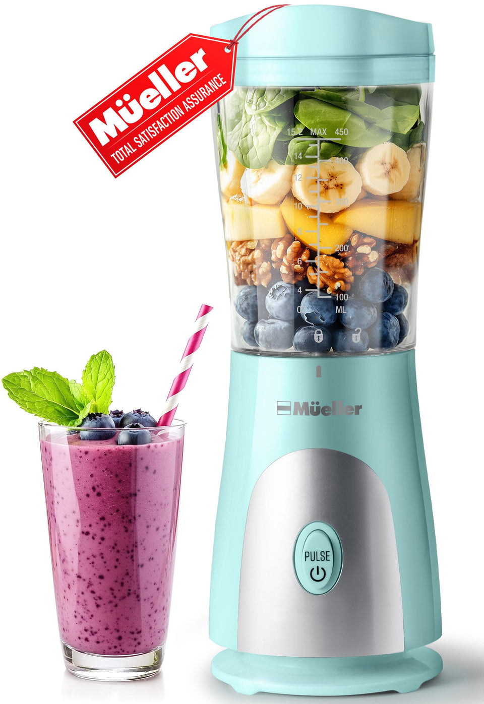 Mueller Home heavy-duty blender with turquoise jar for quick smoothies.