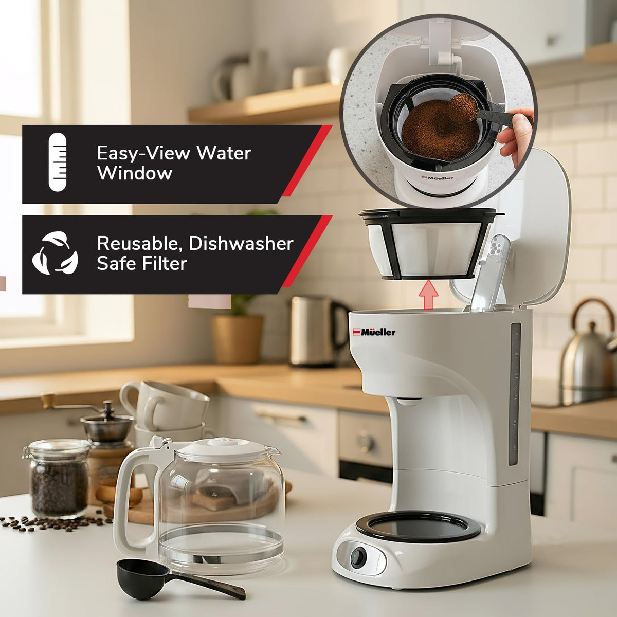 MUELLER HOME keep-warm function maintains coffee temperature for longer enjoyment.