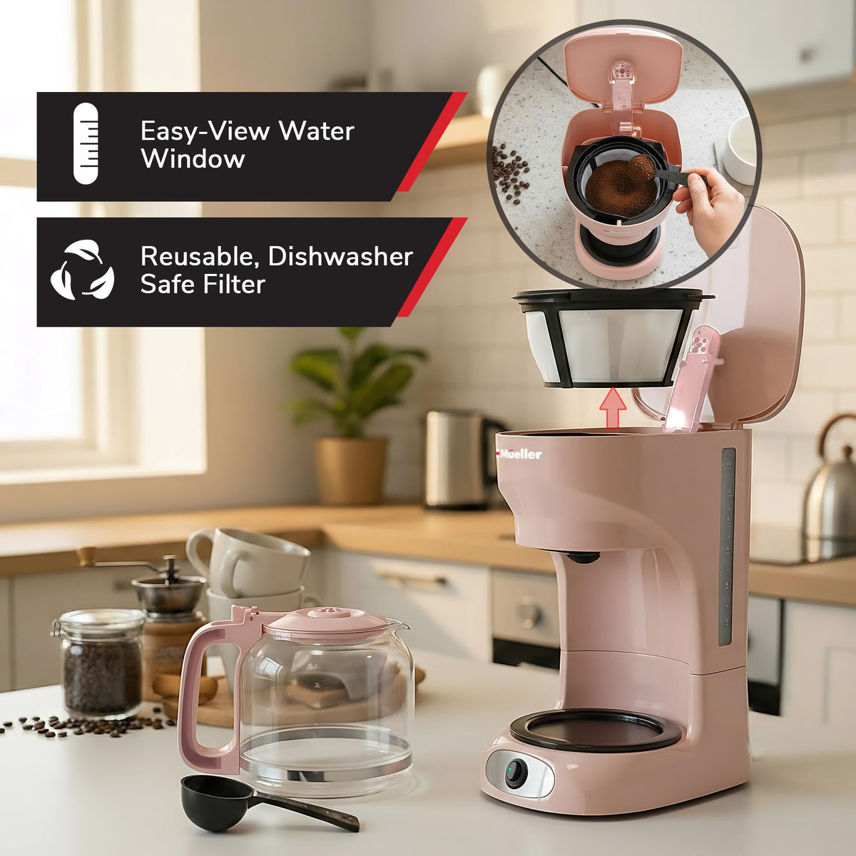Mueller Home keep-warm function maintains heat for enjoying coffee