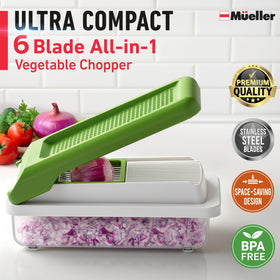 Mueller Home Mandoline Slicer blades shown for precise slicing and uniform results.