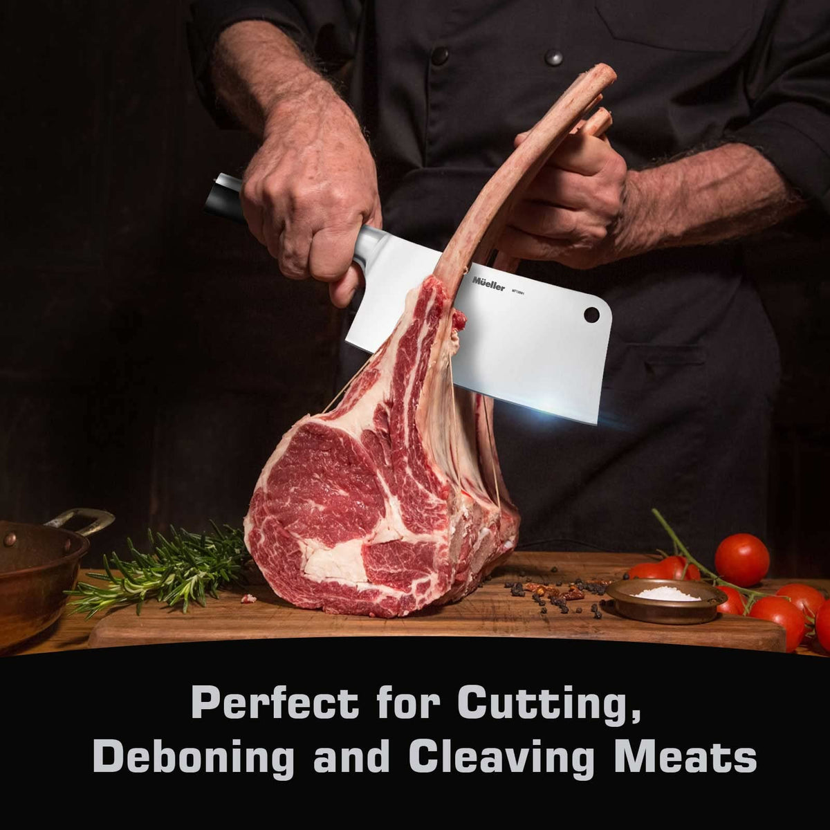 Mueller Home cleaver bone-chopping action demonstrating heavy-duty performance