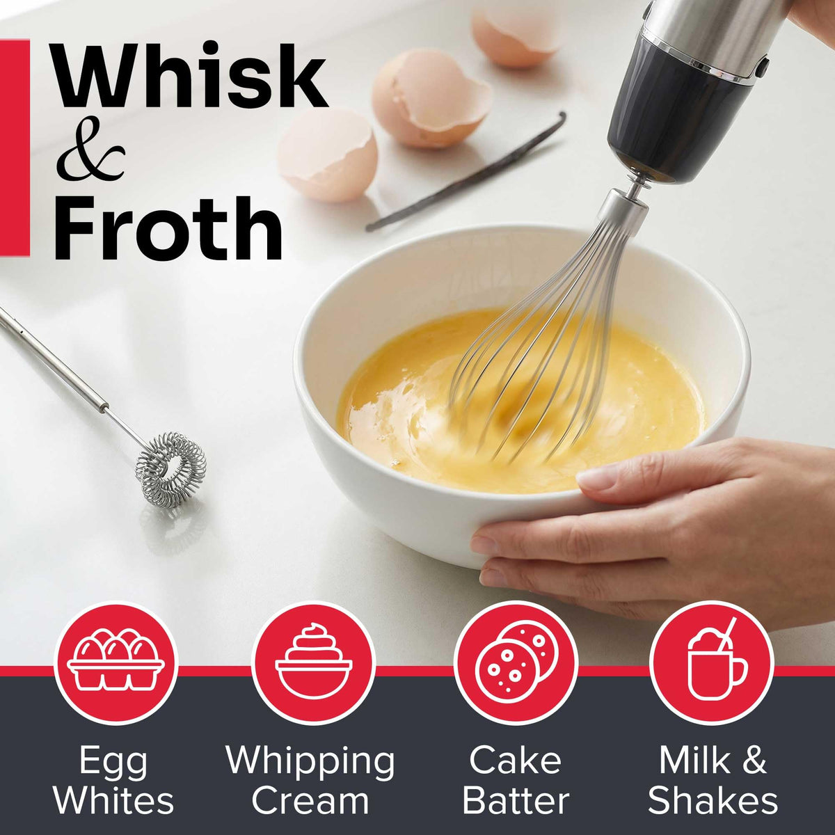 Mueller Home milk frother wand for café-style foams at home.