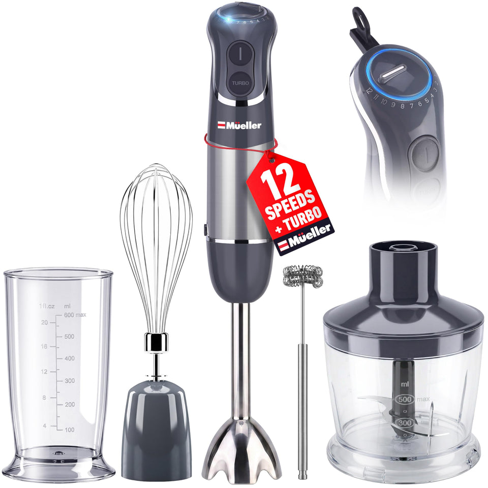 Mueller Home multistick 5-in-1 immersion blender for smooth purees and quick blending.