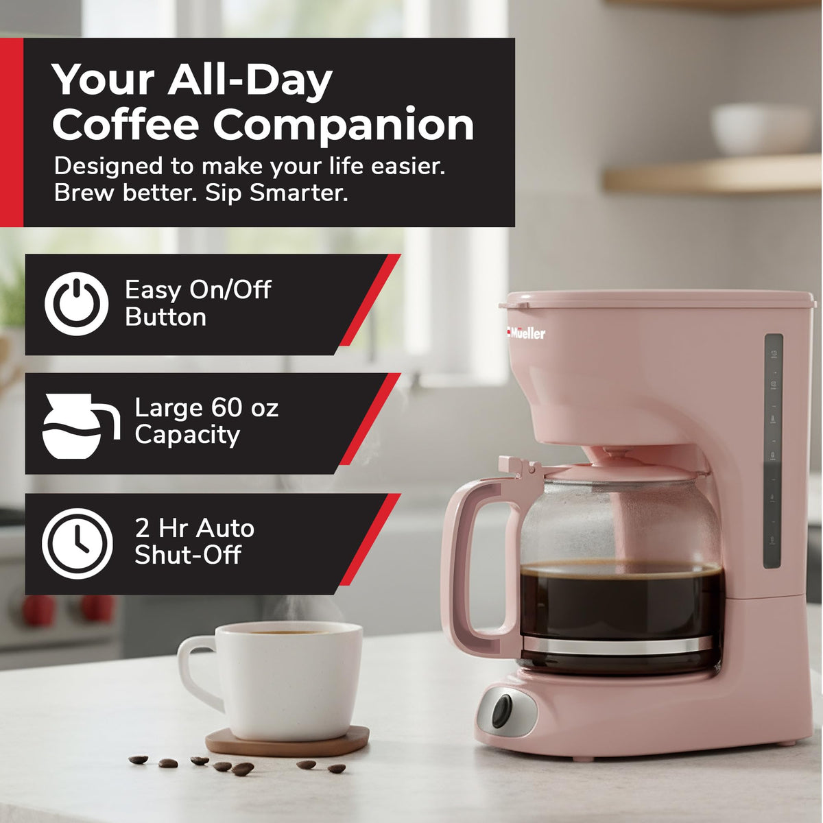 Mueller Home pink coffee maker auto-off saves energy after brewing
