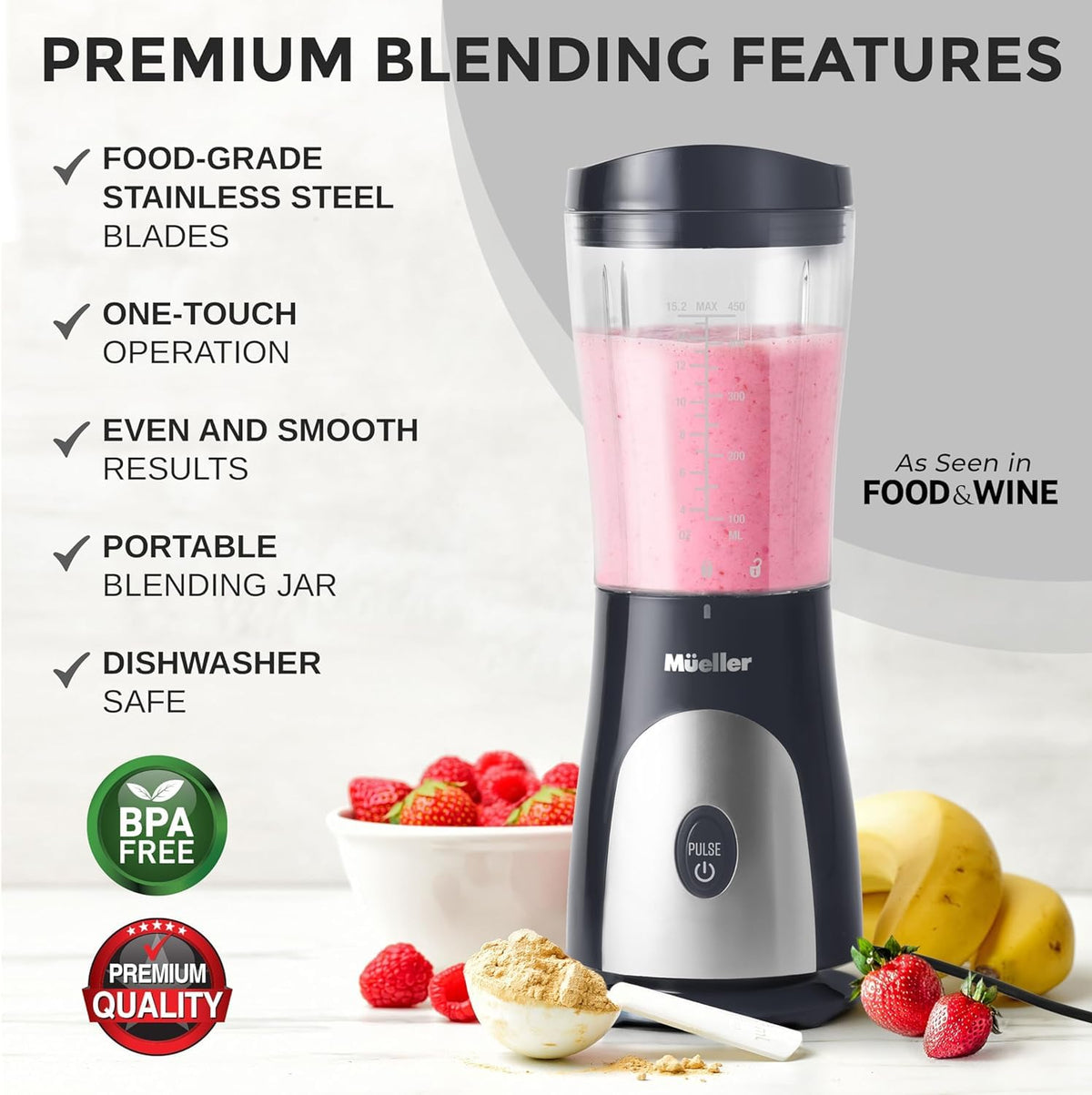 Mueller Home portable blending jar with lid enables quick drinks on the go.