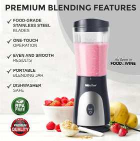 Mueller Home portable blending jar with lid enables quick drinks on the go.