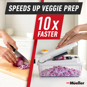 Mueller Home Pro Chopper slicer blades deliver precise onion and pepper cuts.
