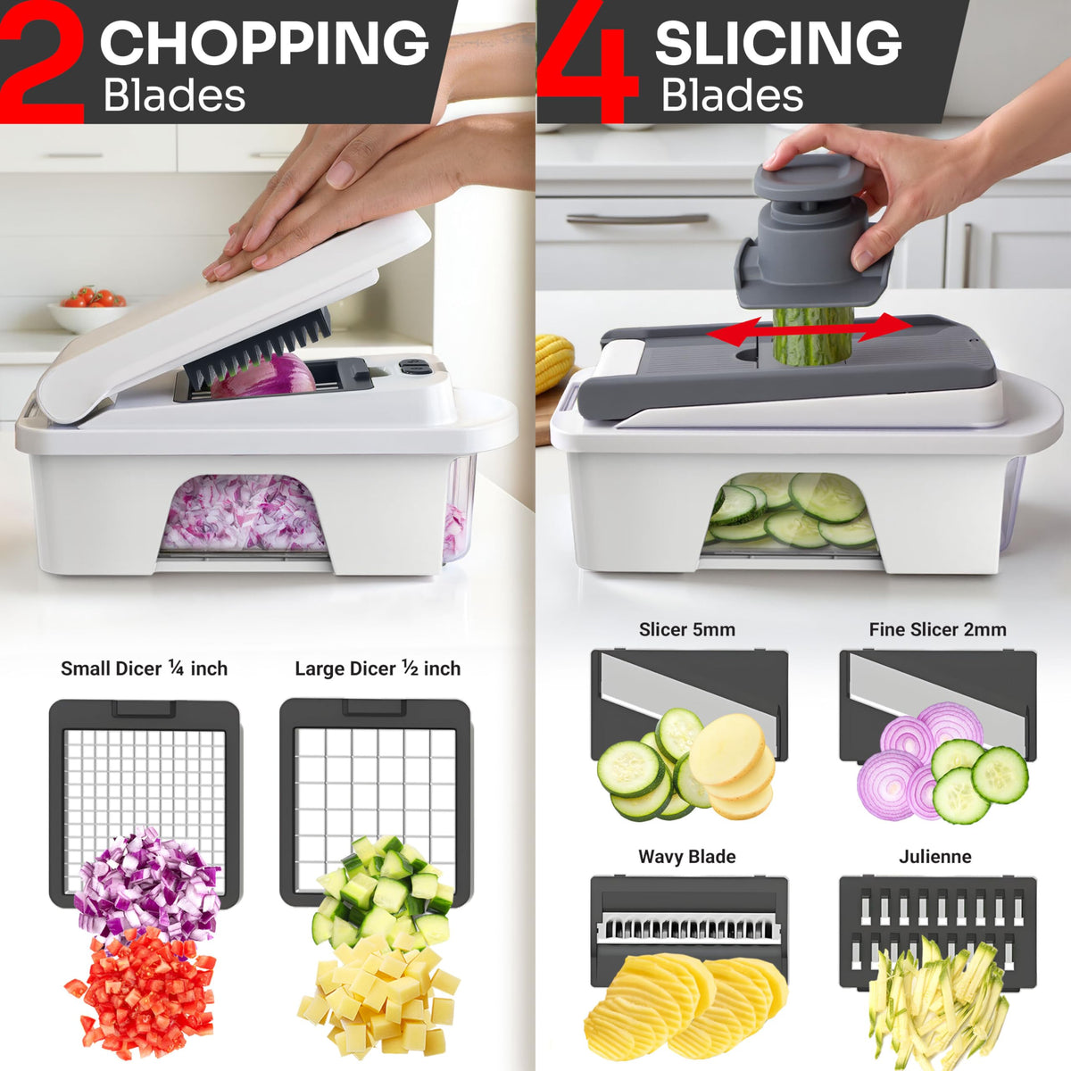 Mueller Home Pro-Series food holder stabilizes small veggies for safe slicing.