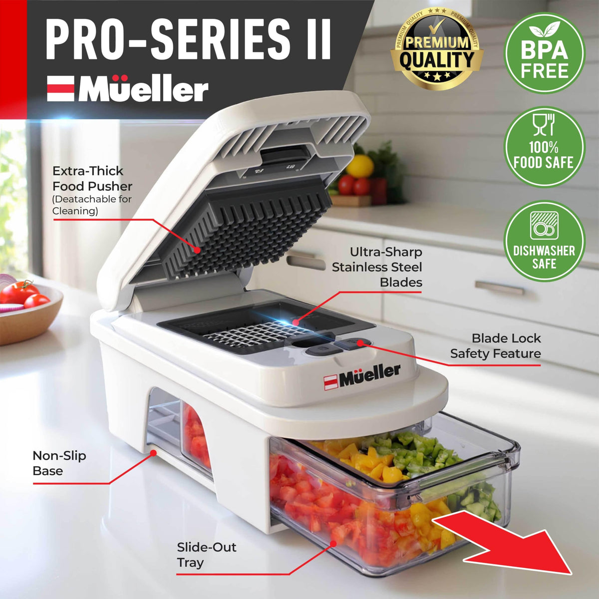 Mueller Home Pro-Series interchangeable blades enable diverse slicing and dicing options.