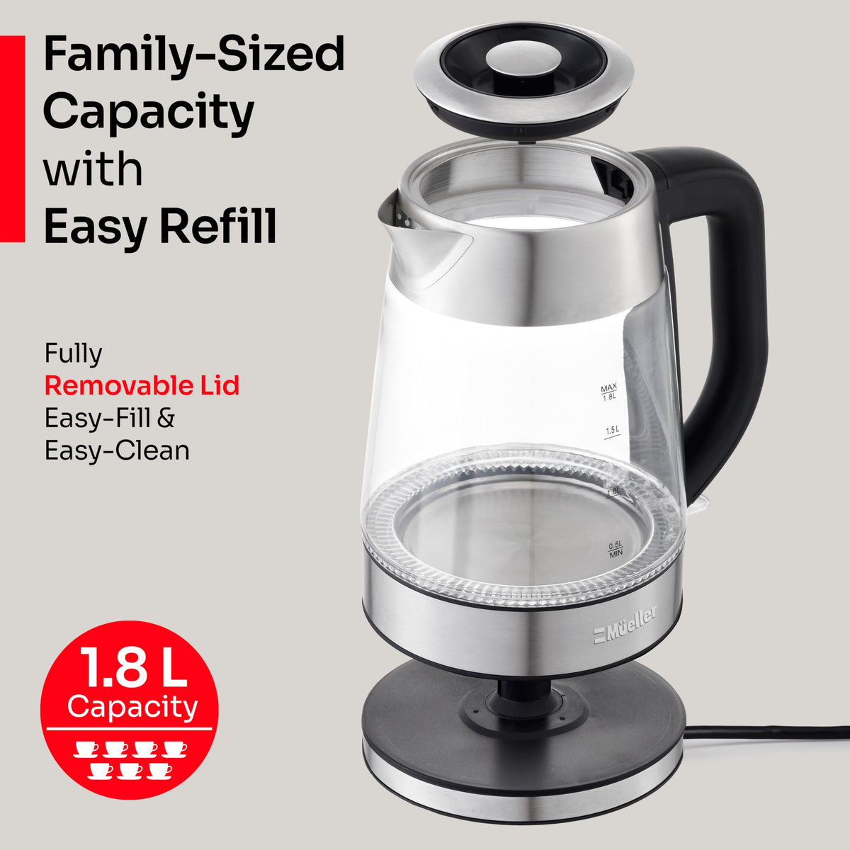 MUELLER HOME Rapid Boil kettle glowing blue LED during heating.