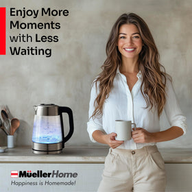 MUELLER HOME borosilicate glass body highlighting clean water purity.