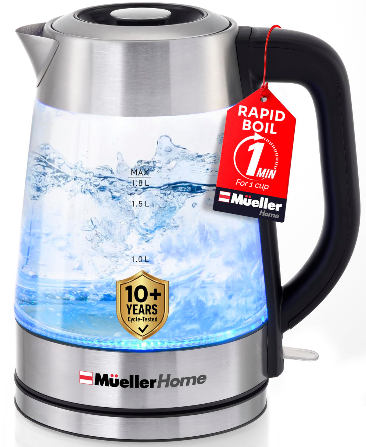 MUELLER HOME Rapid Boil kettle with glass body showing boiling water for fast tea.
