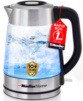 MUELLER HOME Rapid Boil kettle with glass body showing boiling water for fast tea.