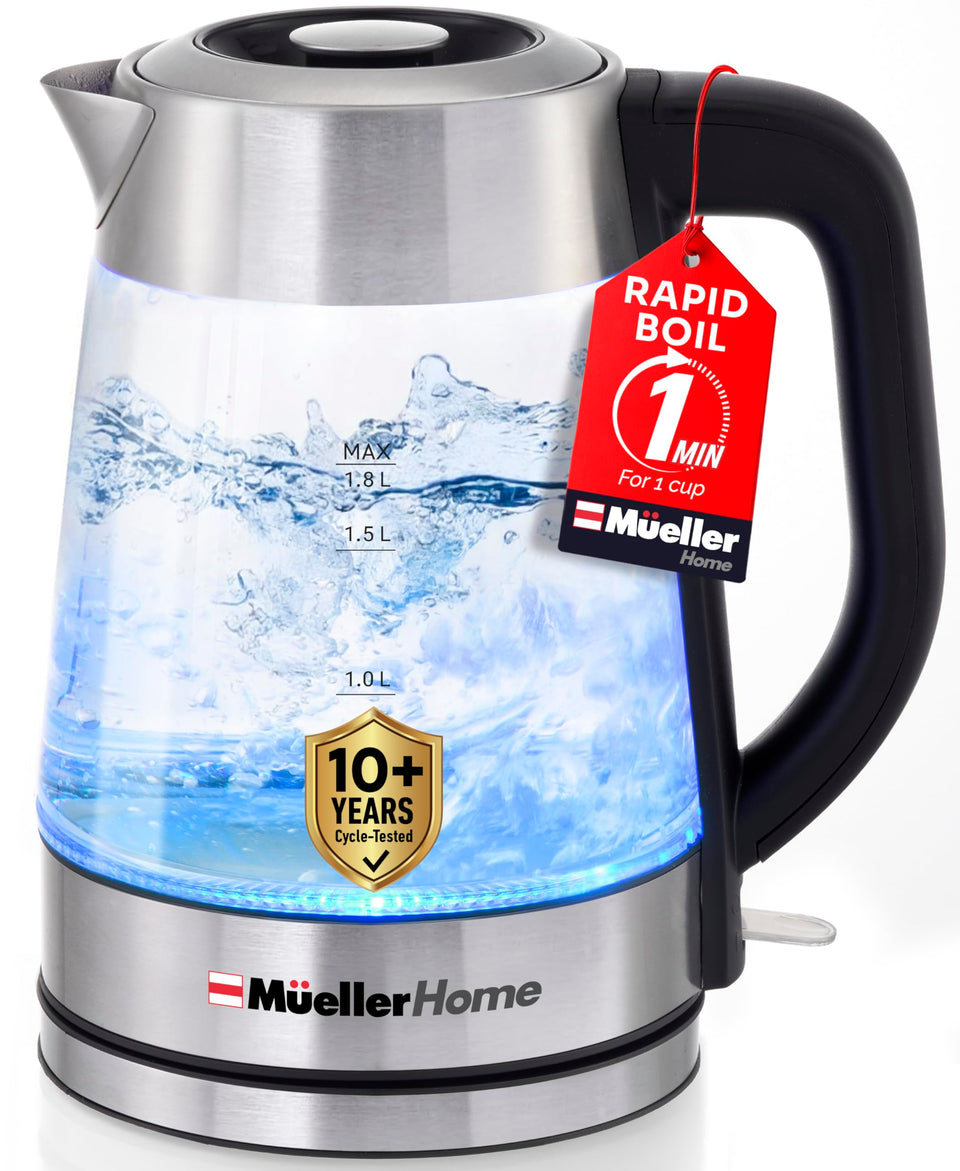 MUELLER HOME Rapid Boil kettle with glass body showing boiling water for fast tea.