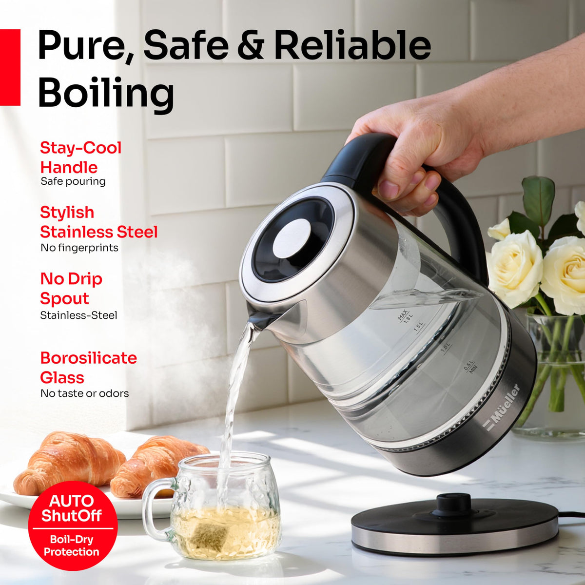 MUELLER HOME kettle lid removed for easy cleaning and refilling.