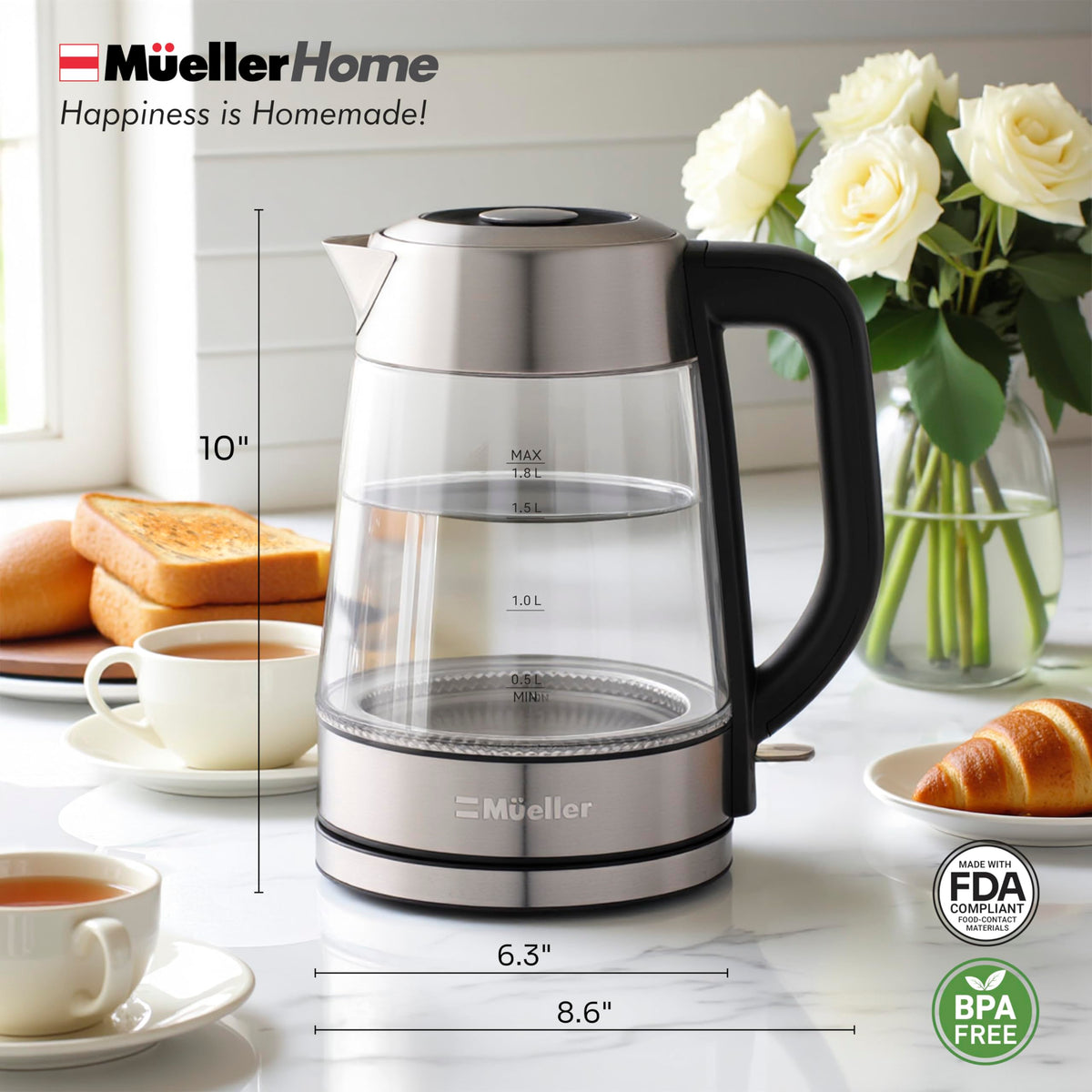 MUELLER HOME stainless steel spout and filter ready for precise pouring.