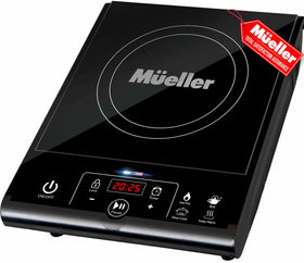 Mueller Home RapidTherm portable induction cooktop on a counter for quick heating with compatible pots