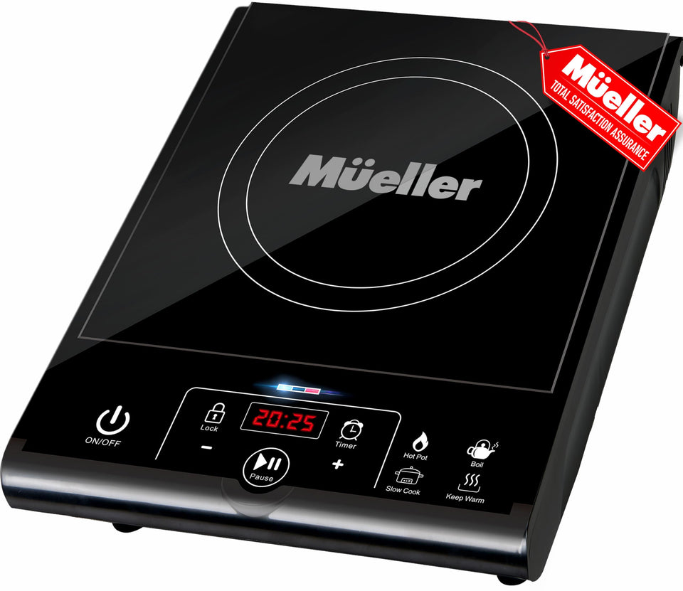 Mueller Home RapidTherm portable induction cooktop on a counter for quick heating with compatible pots