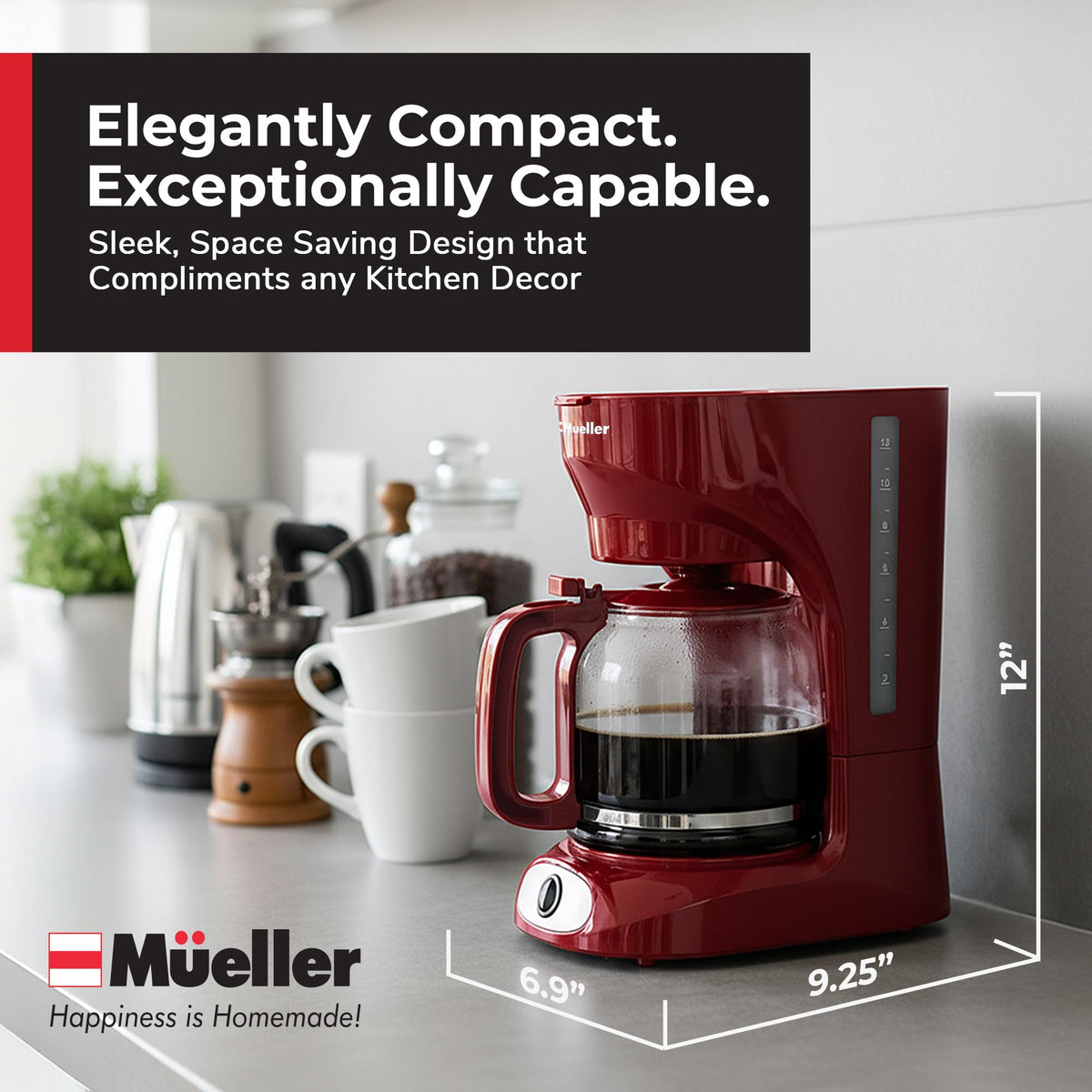 MUELLER HOME red coffee maker adds vibrant color to your kitchen.