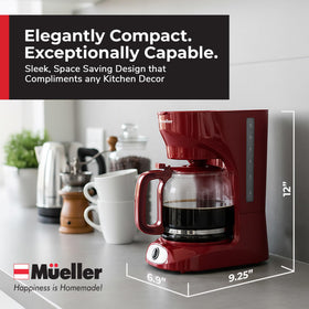 MUELLER HOME red coffee maker adds vibrant color to your kitchen.
