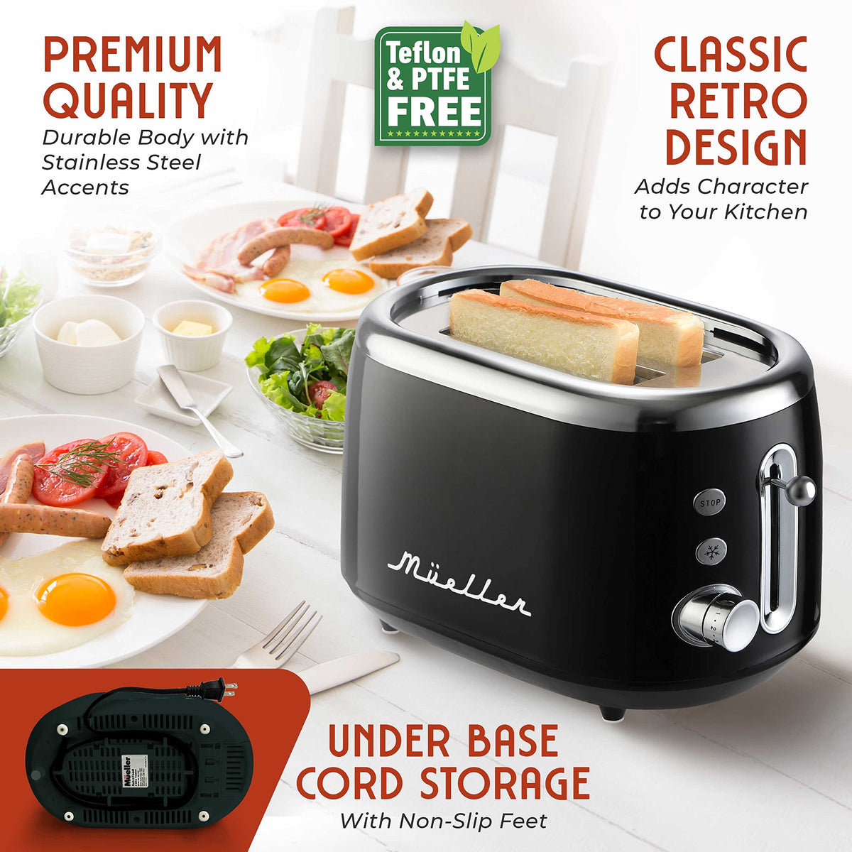 MUELLER HOME Retro Toaster 2 Slice under-base cord storage keeps counters tidy