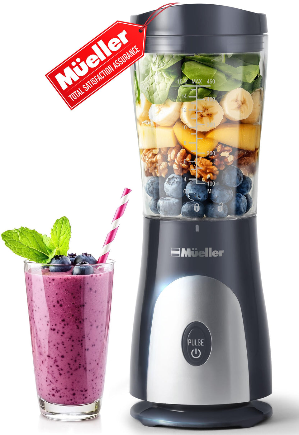 Mueller Home smoothie blender showcases a compact design for small spaces and quick blends.