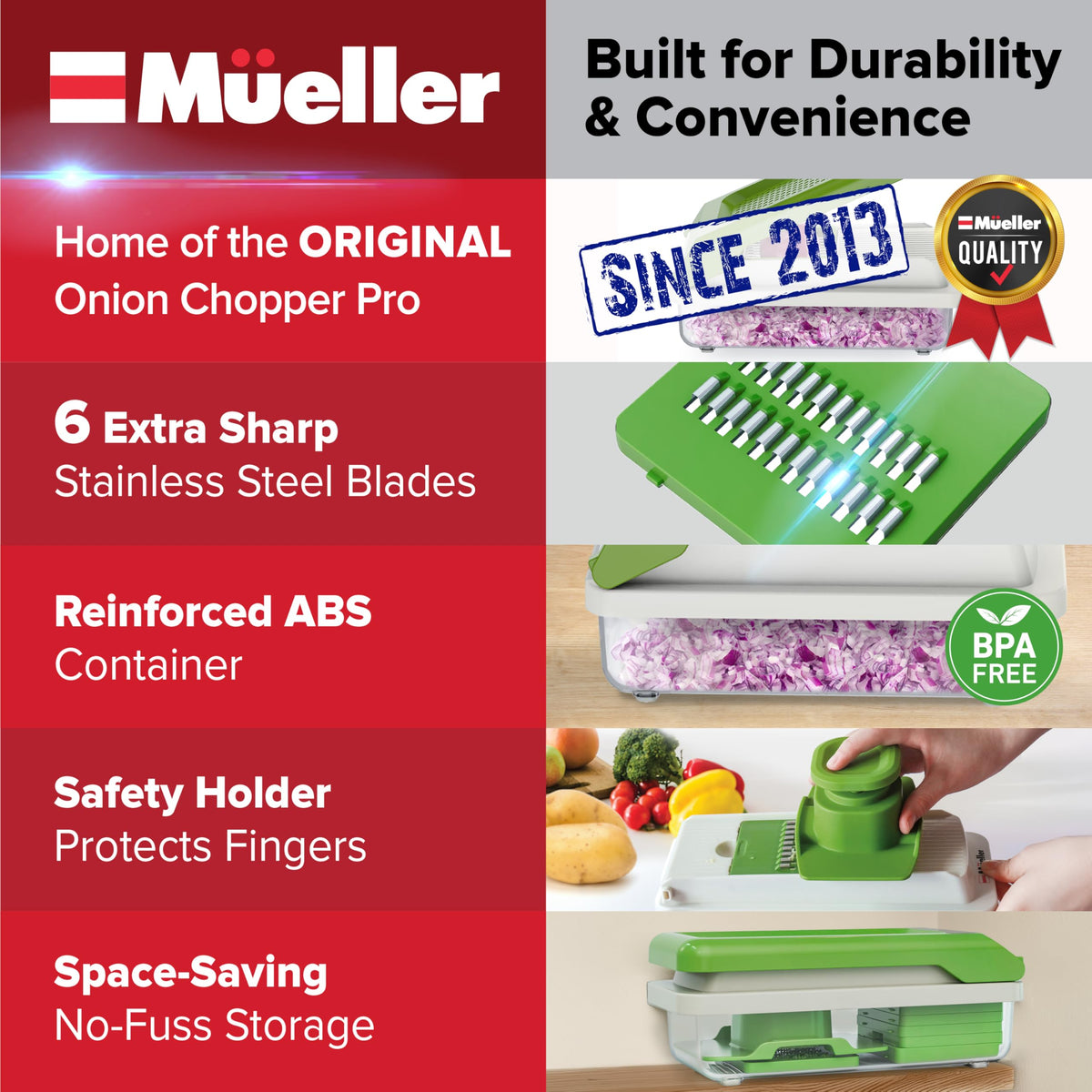 Mueller Home Stainless steel chopping blades deliver quick, clean cuts.