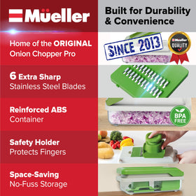 Mueller Home Stainless steel chopping blades deliver quick, clean cuts.