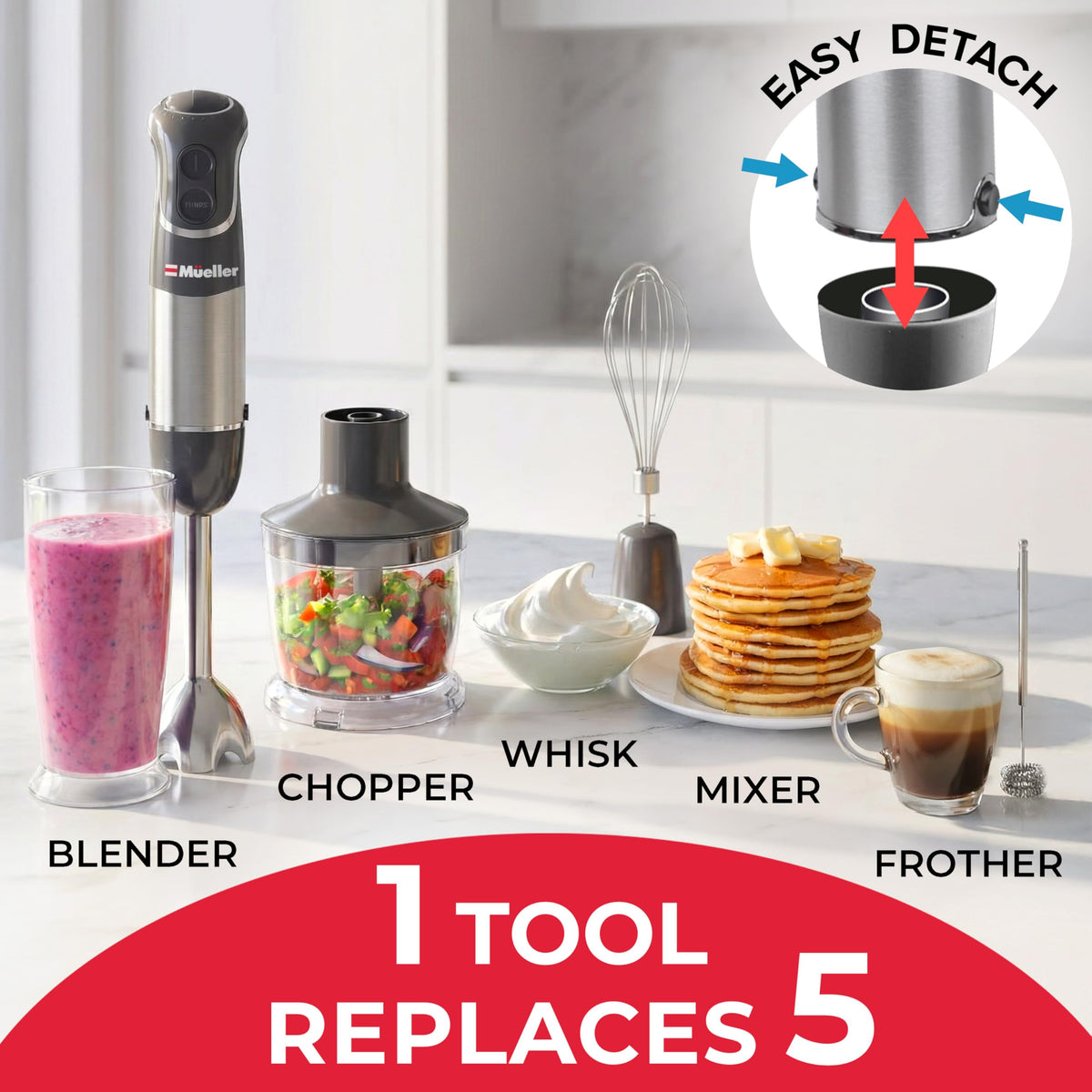 Mueller Home turbo boost for fast, homogeneous blends with tough ingredients.