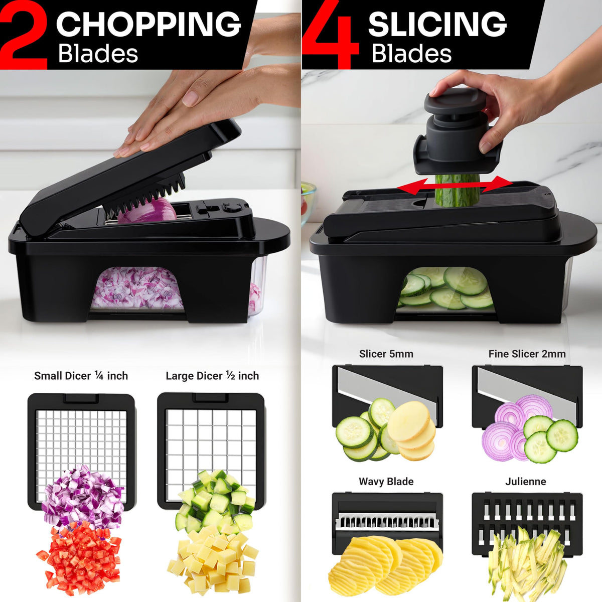 Mueller Home Ultimate 12-Blade Chopper in action for quick dicing of onions and peppers.